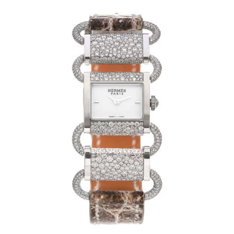 HERMES 18K White Gold Crocodile Diamond 17mm 